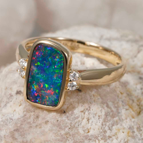 * 1 CELESTIAL SPARKLE 14KT YELLOW GOLD & DIAMOND AUSTRALIAN OPAL RING